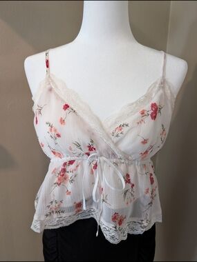 American Eagle Outfitters White Floral Tank with Pink Print